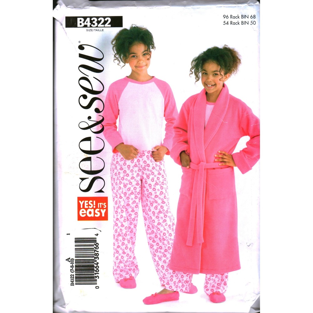 See & Sew B4322 Girls Robe Top Pants Sewing Pattern Size 7-8-10 Loungewear DIY